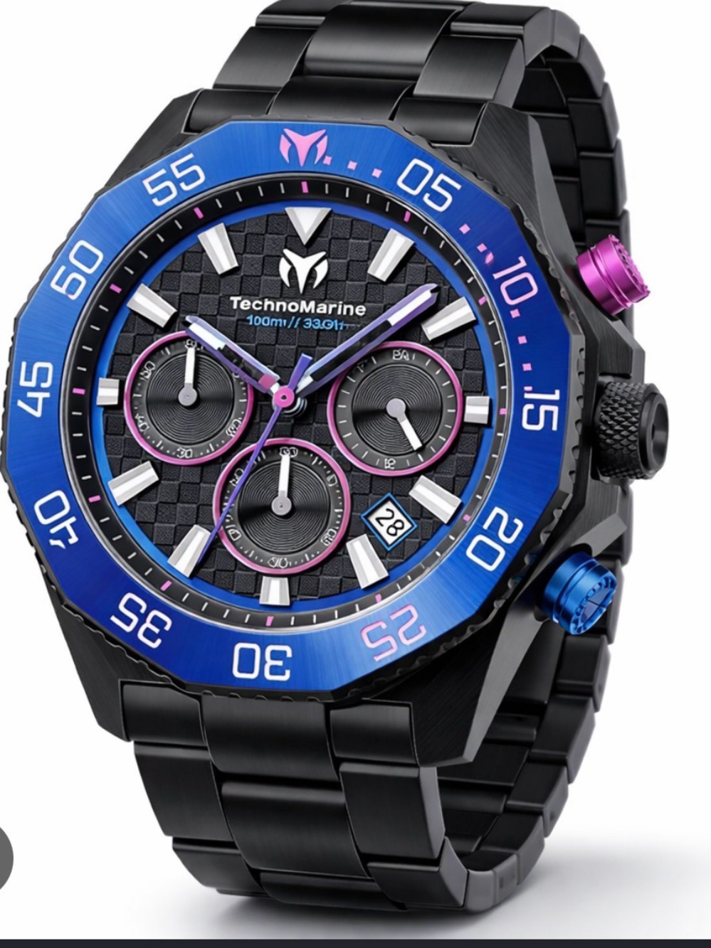 TechnoMarine Racing Legends Men's 44mm Black watch with blue bezel pink chono